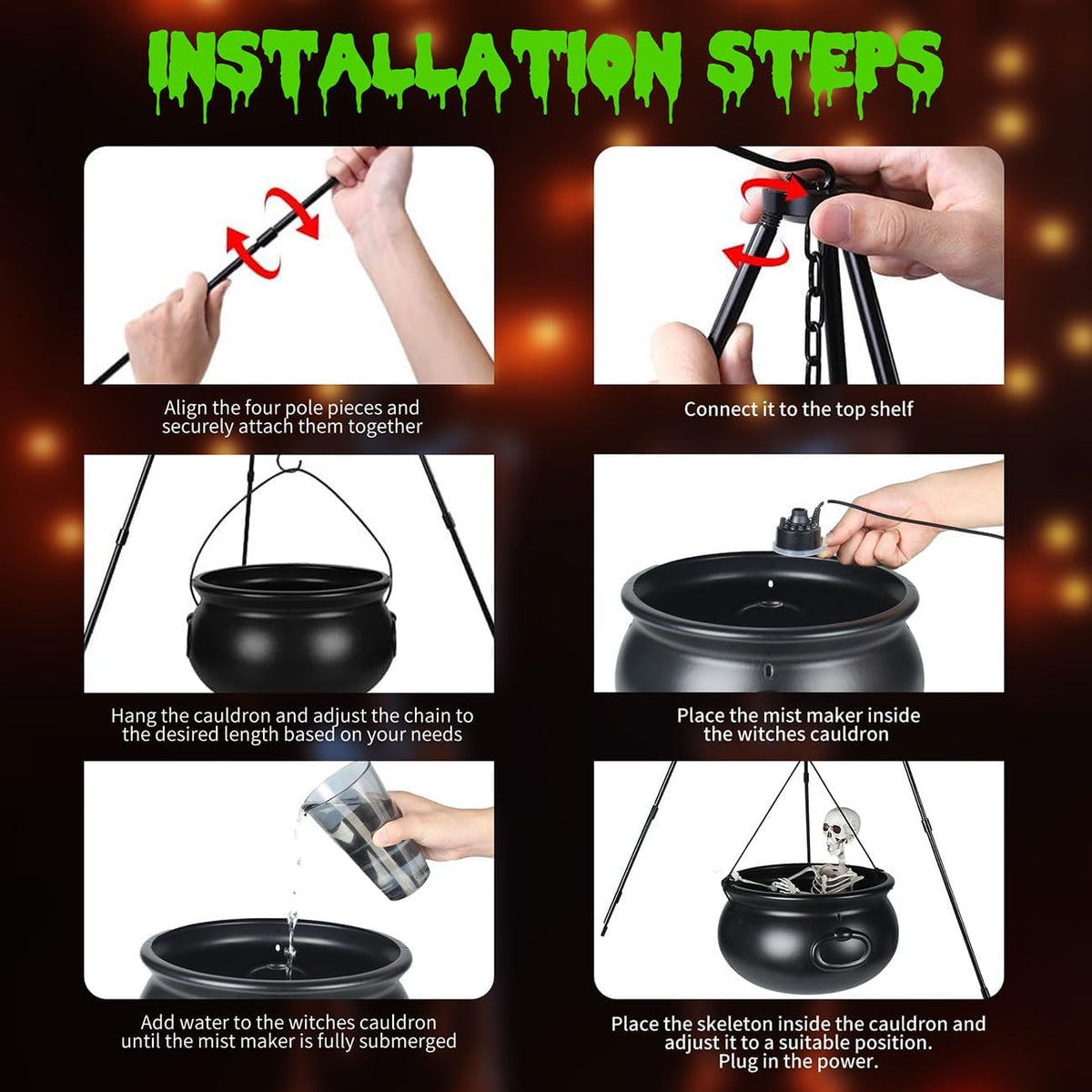 halloween decorations outdoor witch cauldron tripod with fog showing dimensions