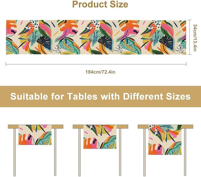 Colorful Flower Table Runner,Abstract Flower Blossom Botanical Pattern Print Tablecloth Burlap for Hotel Indoors Outdoor Dining Room Kitchen Table Decor, 13x80in
