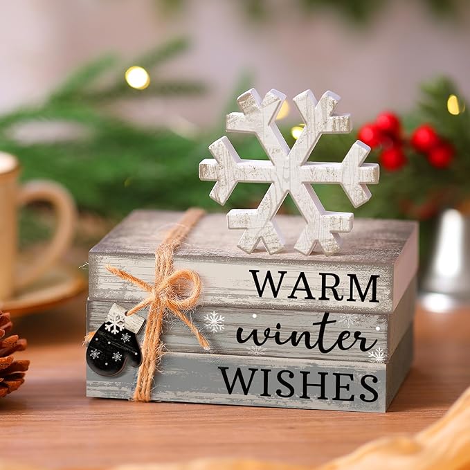4 Pcs Winter Christmas Decor Winter Table Decorations Christmas Tiered Tray Decor Centerpiece Decorations Indoor Rustic Wooden Snowflake Block Sign Gift Farmhouse for Home Kitchen Shelf