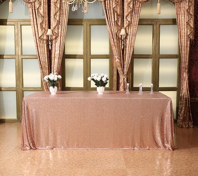 SquarePie Sequin Tablecloth 90 x 156 Inch Rose Gold Sparkly Table Linen for Wedding Party