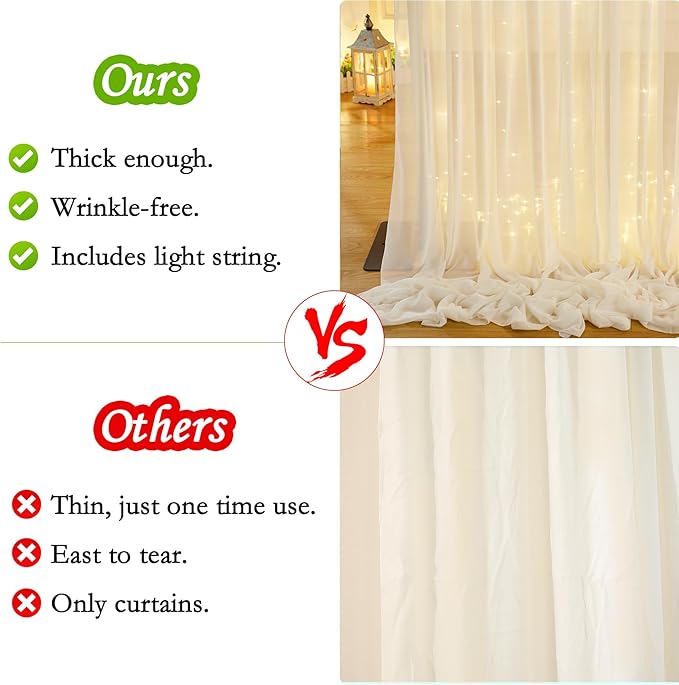 10ft x 10ft Ivory Chiffon Backdrop Curtain with Lights String for Parites Wedding Wrinkle Free Curtain Photo Backdrops Drapes for Baby Shower Birthday Party Home Decorations