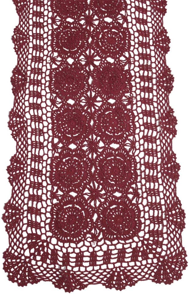 KEPSWET Cotton Handmade Crochet Lace Table Runner Wine Red Rectangle Coffee Table Dresser Decor (14x60 inch)