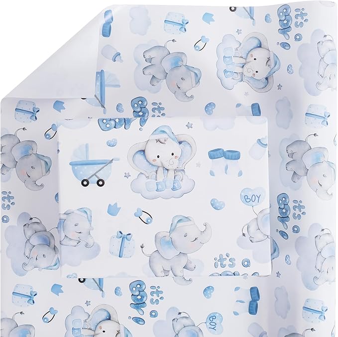 Aimyoo Blue Baby Shower Wrapping Paper Roll - 17 Inch X 32.8 Feet - Cute Elephant with It‘s A Boy Letter Design Perfect for Boys, Birthday, Party