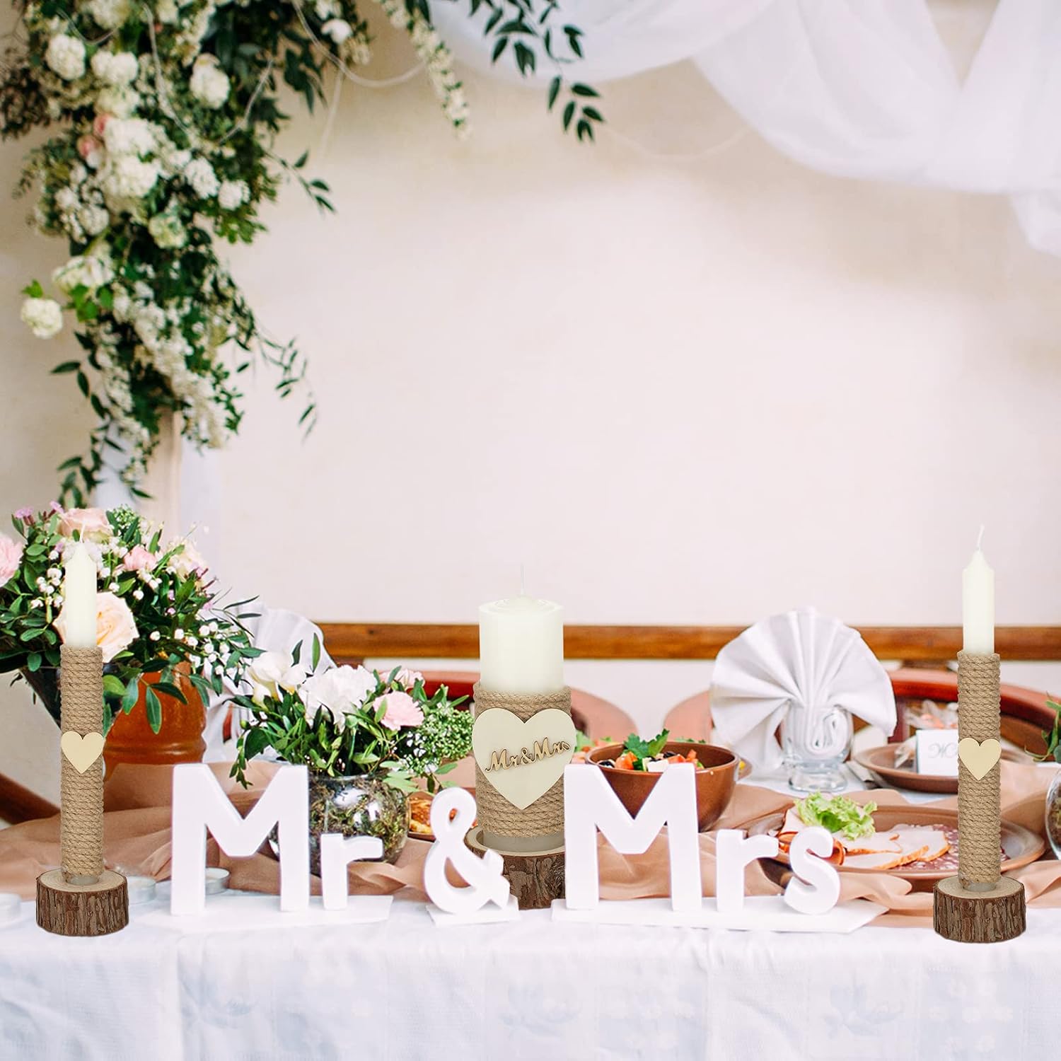 Amyhill 3 Pcs Rustic Unity Candles for Wedding Ceremony Set Mr and Mrs Burlap 1(5.9'') Pillar 2(9.8'') Taper Candles for Weddings Ceremony Events Decor Emergency Lighting(Romantic Style)