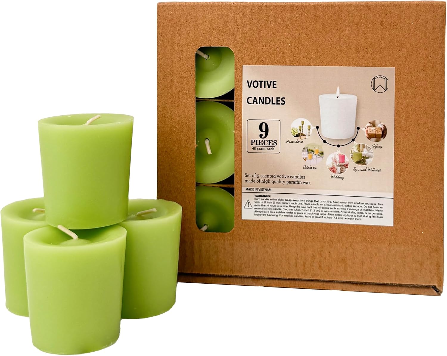 Scented Votive Candles Set of 9 – CW Studio 12 Hour Burn, Sweet Pea & Peony, Citrus Blossom, Garden Mint Fragrances – Pastel Pink, Yellow & Green – Aromatherapy Home Candles in Kraft Paper Gift Box