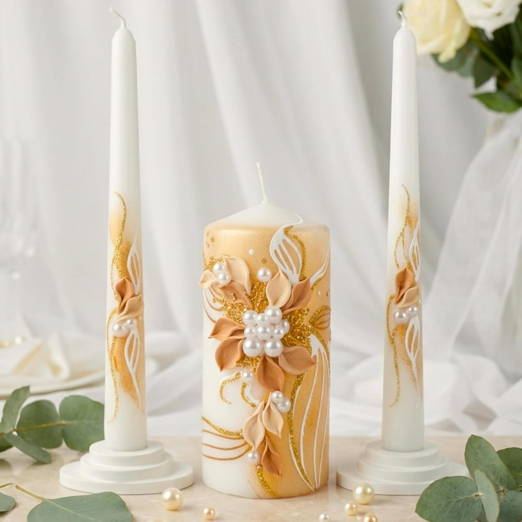 Unity Candle Set for Wedding Ceremony – 6” Pillar & Two 10” Taper Candles – Long Burning Wedding Unity Candles for Reception Marriage Ritual & Home Decor - Handmade in USA – White | Gold