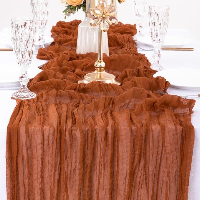 MLMW Fall Thanksgiving Table Runner Cheesecloth Autumn Harvest Rust Terracotta Cheese Cloth Boho Gauze 160 inch Table Runner 13.3ft for Wedding Party Baby Bridal Shower Birthday