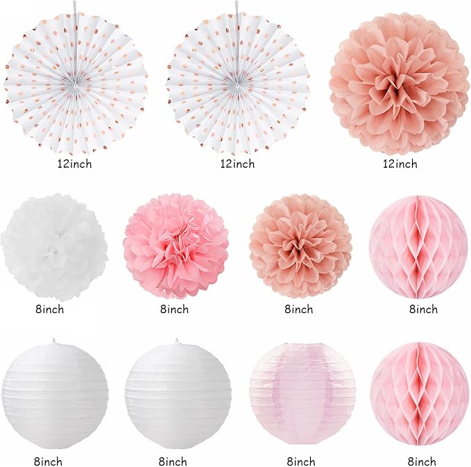 Pink White Rose-Gold Birthday Party-Decorations - 21pcs Happy Banner, Paper Lanterns,Tissue Pom Poms Flower Fan,Honeycomb Ball,Swirl Streamers Garland Supplies Decor Girls Women Huglony