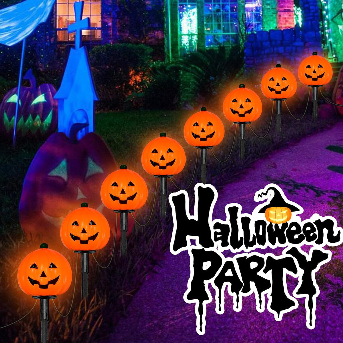 2 Sets 7Ft Halloween Decorations Pathway Lights Outdoor Pumpkin Stake Lights ...