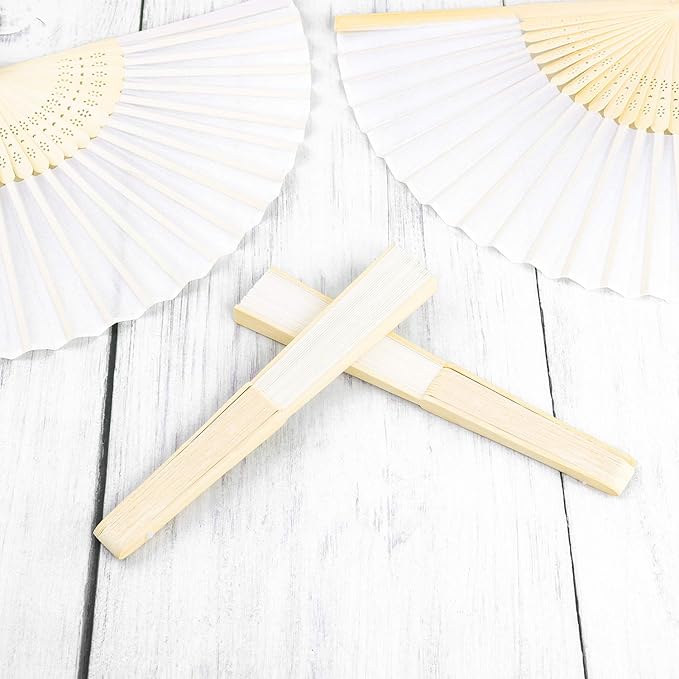 URATOT 24 Pieces White Folding Fans Silk Bamboo Folding Fans Handheld Fan for Wedding, Party Decoration