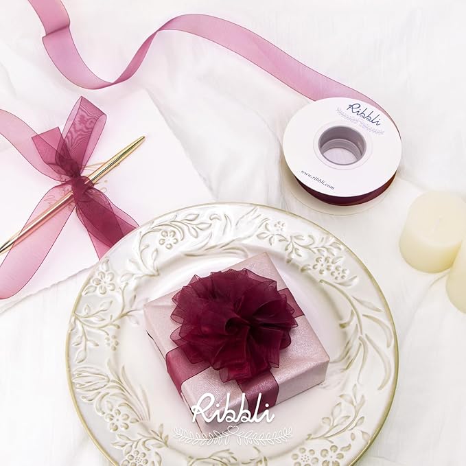 Ribbli Wine Red Organza Ribbon,1/2 Inches x Continuous 50 Yard,Wine Sheer Ribbon for Gift Wrapping,Cookie Wrapping,Wedding Decoration,All Crafting and Sewing