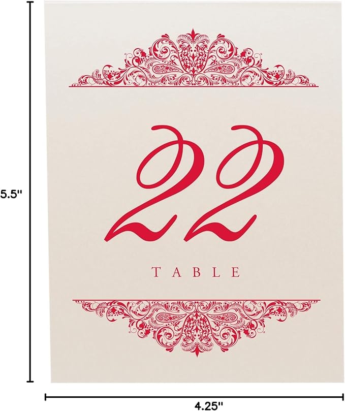 Paisley Wedding Table Numbers (Select Color/Quantity), Champagne, Ruby Red, 1-25, Double Sided, Tent or Use in a Stand, Great for Parties & Restaurants - Made in the USA