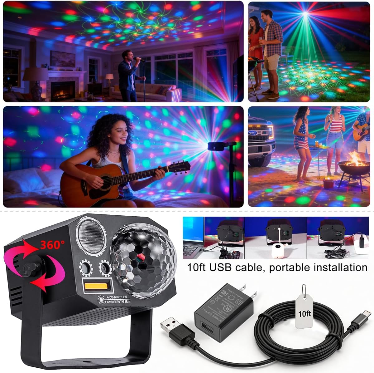 Dj Party Disco Ball Lights with Pattern and Sound Activated,10 ft USB Cable, ...