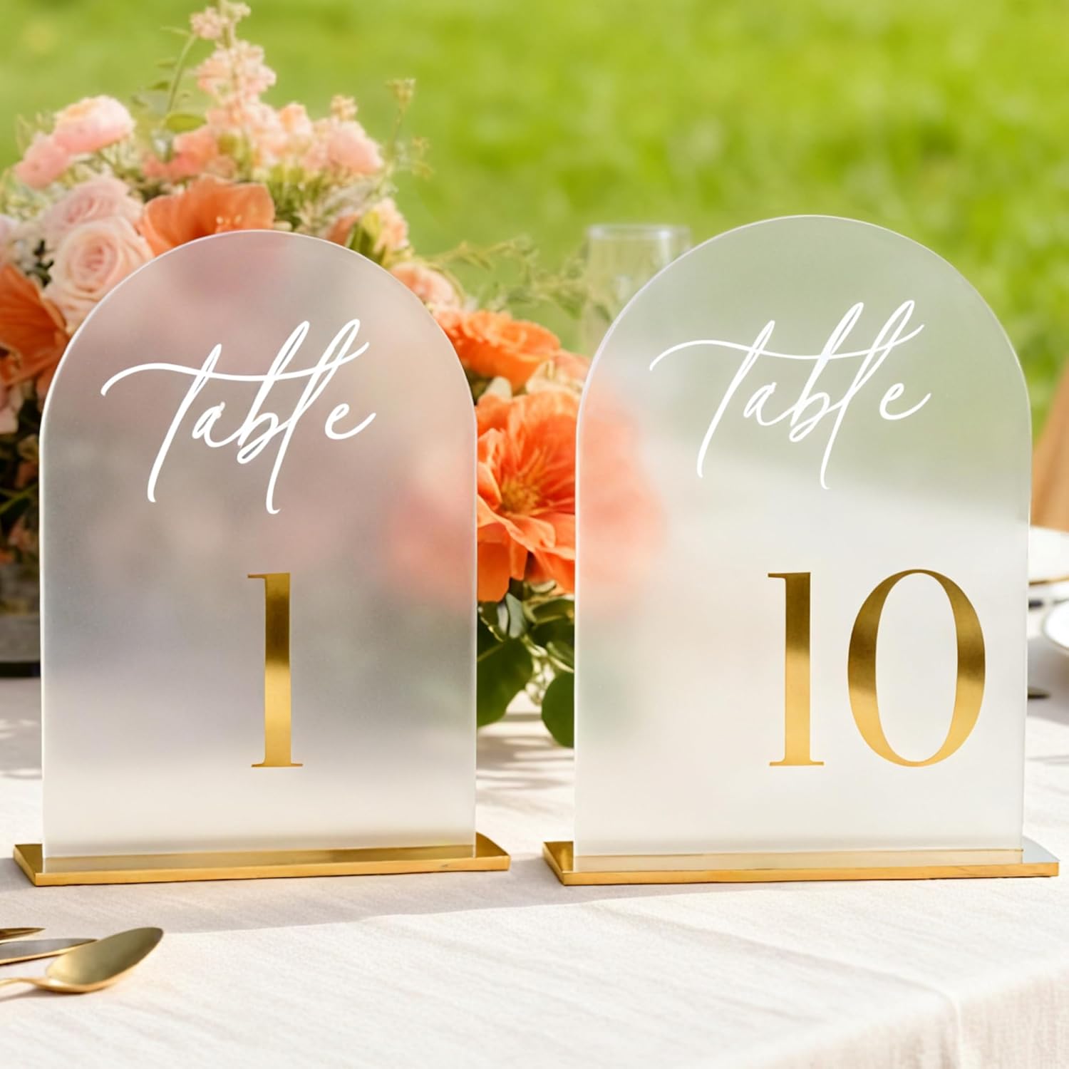 Frosted Wedding Table Numbers 1-10 with Stands, Elegant Gold 3D Arch Signs with Holder - 5.5" X 7" Arch Acrylic Table Numbers for Wedding Reception, Party, Anniversary, Events And Centerpiece