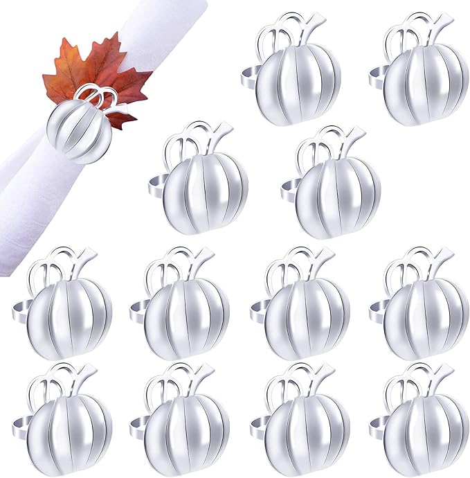 Halatool Pumpkin Napkin Rings Set of 12, Alloy Fall Napkin Rings Thanksgiving Halloween Dinner Tables Holders for Thanksgiving Weddings Holidays Gathering Dinner Party (Silver)