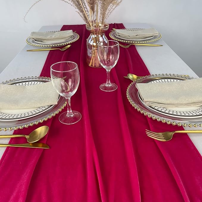 Velvet Table Runner, 10ft Luxurious Wedding Reception Decorations Soft Velvet Fabric Table Linen Overlay for Party (20 x 120 inch, Hot Pink)