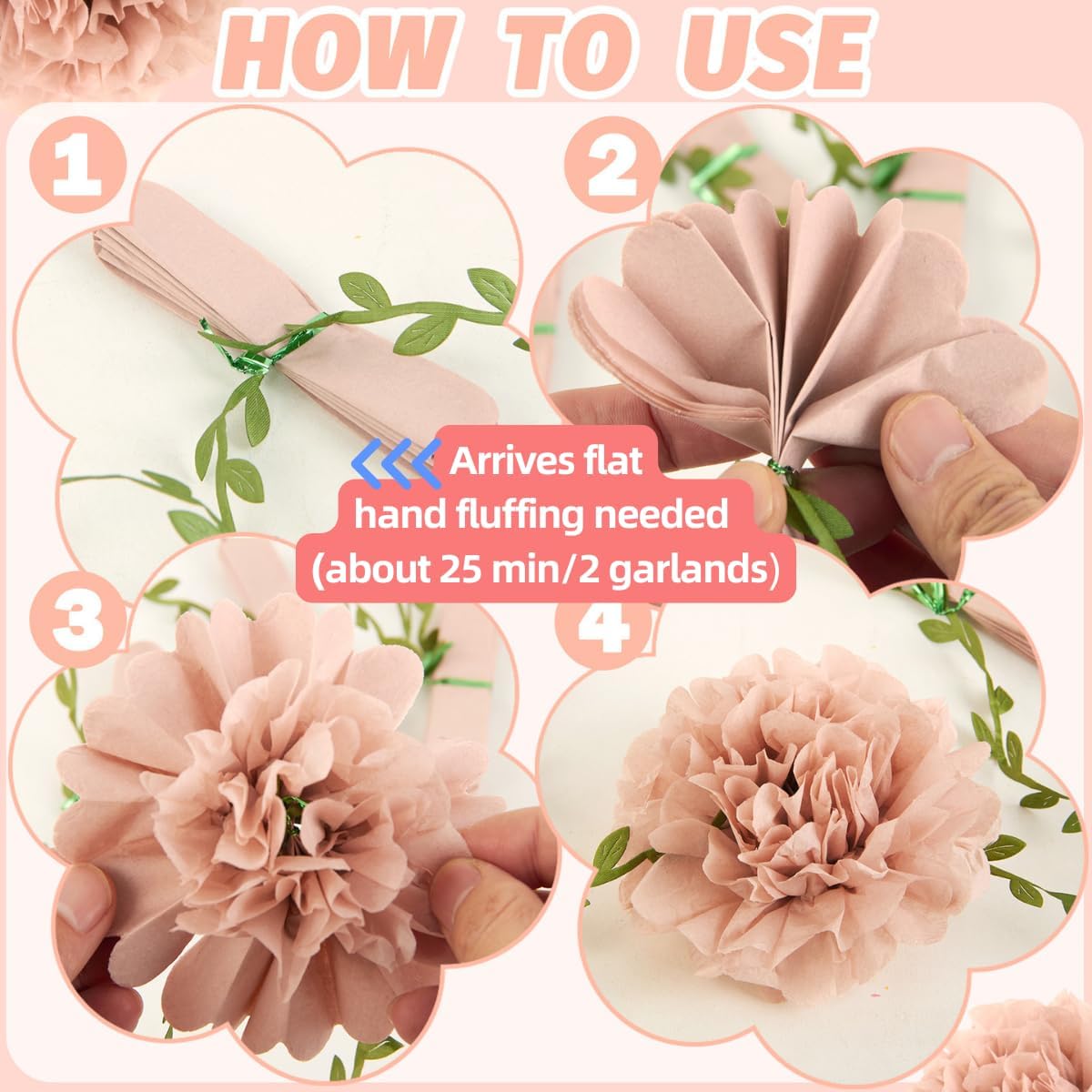 Pink Tissue Paper Pom Pom Garlands, Paper Flowers for Birthday Decorations, Baby Shower, Wedding Engagement, Bridal Shower, Spring Summer Party Decorations, 2 Pcs