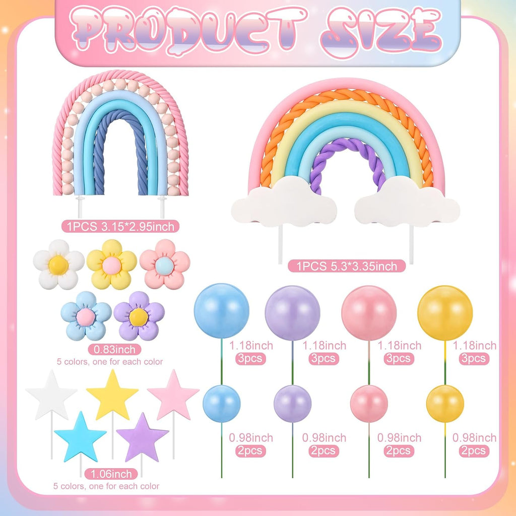 32 Pcs Rainbow Cake Topper with Flower Star Cupcake Toppers Pastel Balls Cake Topper, Boho Groovy Cake Decorations for Birthday Wedding Party