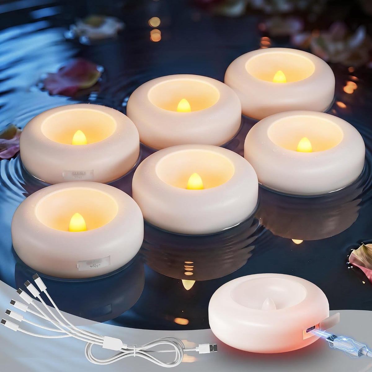 3" White Rechargeable Flameless Floating Candles, Water Activated 6 Pcs