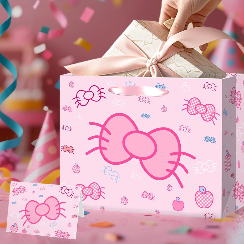 Cut-Nic 12" Pink Bow Gift Bag for Girl, Cartoon Birthday Gift Bag with Cute Greeting Card and Tissue Paper for Birthday, Wedding, Bridal Shower, Baby Shower Party Supplies