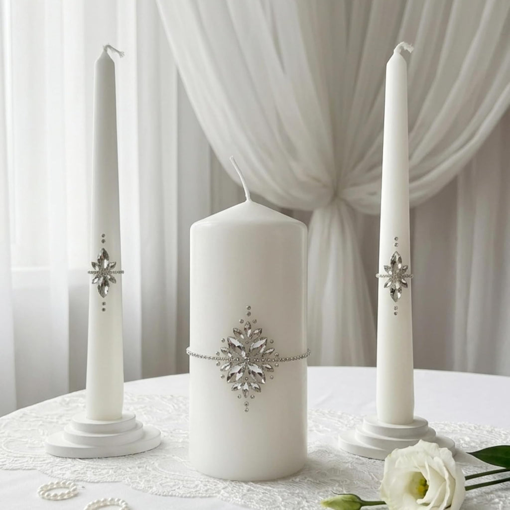 Unity Candle Set - Wedding Ceremony & Reception – 6” Pillar & Two 10” Taper Candles – Long Burning Unity Candles for Marriage Ritual – Handmade in USA –White|Cristal|Classic