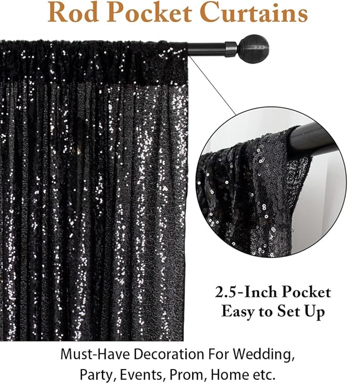 ShinyBeauty Sequin Curtains 2 Panels Black 2FTx8FT Sequin Photo Backdrop Black Sequin Backdrop Curtain Pack of 2-1011E