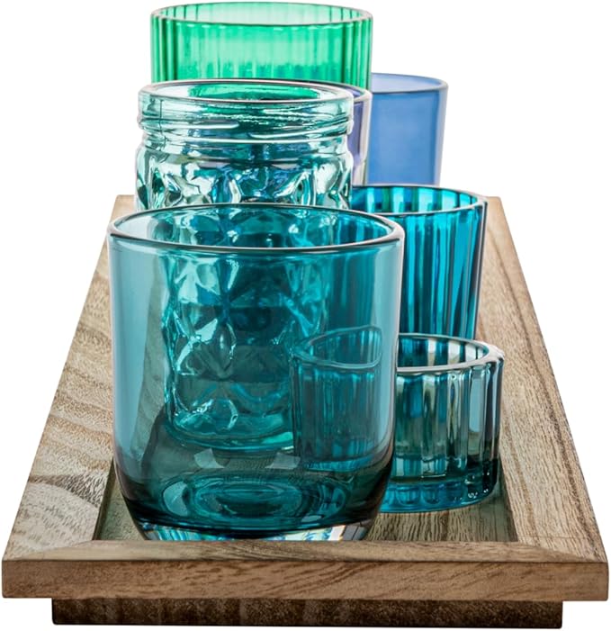 Creative Co-Op Wood Tray with 9 Blue & Green Glass Votive Holders