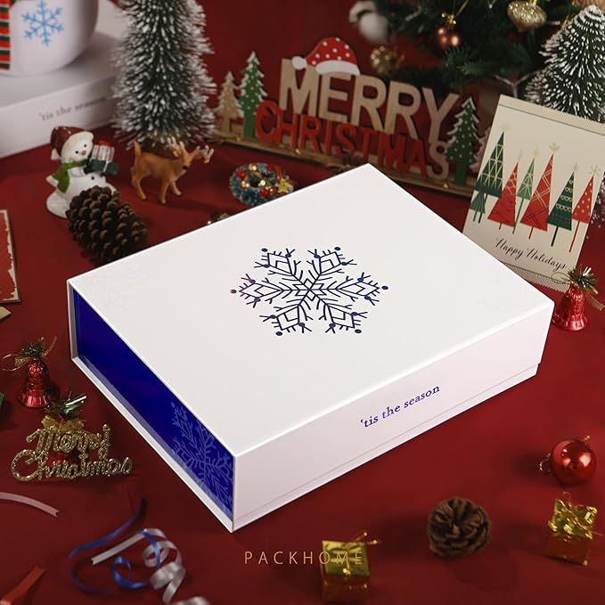 PACKHOME 6 Christmas Gift Boxes 11x7.8x2.3 Inches, Gift Boxes with Lids, Sturdy Shirt Boxes with Magnetic Lids for Wrapping Gifts (Blue Snowflake Pattern)