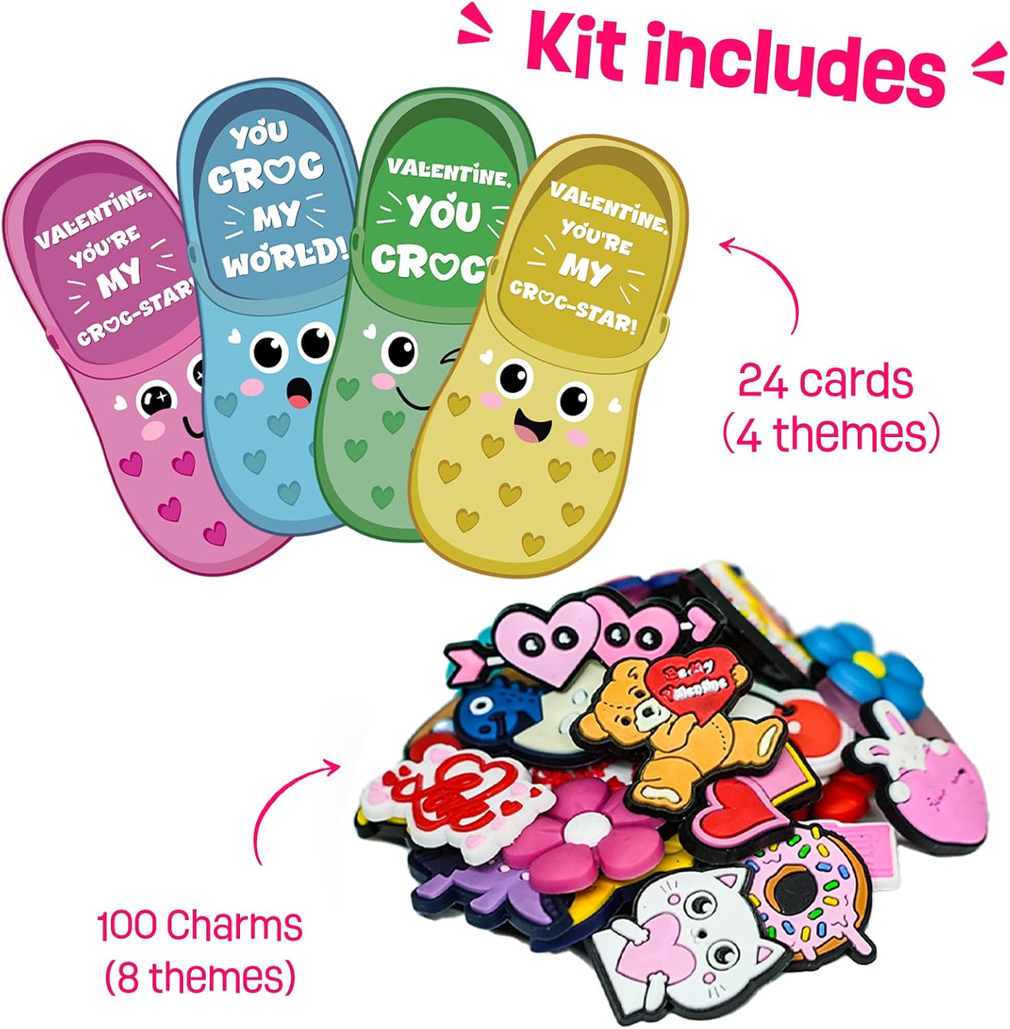 Thigreact Valentines Day Gifts for Kids - 24 Valentine Cards with 48 Shoe Charms Bulk - Valentine Exchange Card for Boys Girls Toddler Class Classroom Gift Funny Party Favors