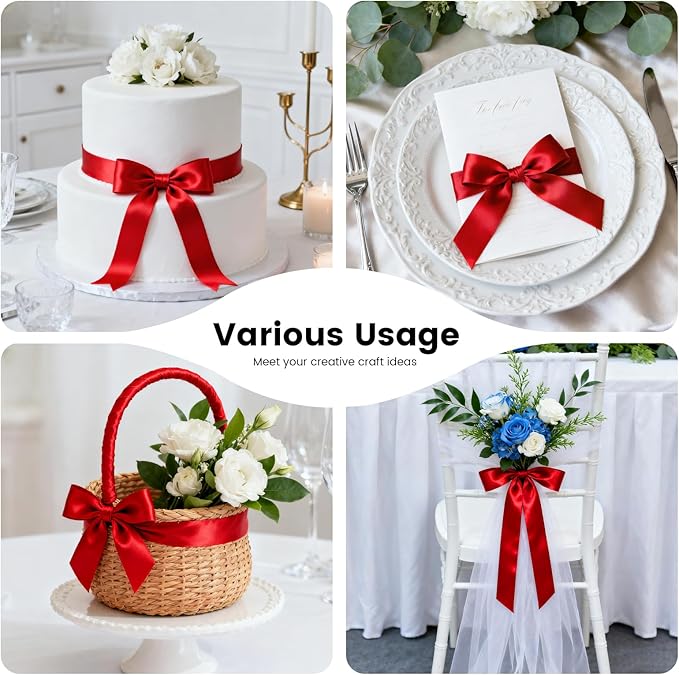 1-1/2 Inch 100 Yards Satin Ribbon Red, Solid Color Fabric Ribbon for Gift Wrapping, Wedding, Polyester Gift Ribbon for Birthday Party Decoration, Craft, Hair, Floral, Sewing