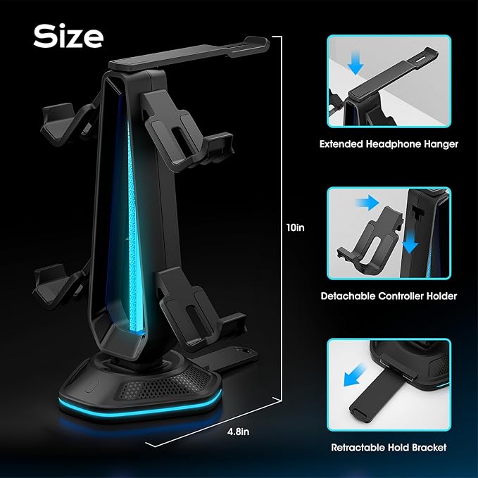 Saitake RGB Headset Stand with 9 Light Modes,Controller Holder for Desk with 2 USB Charging Ports,Suitable for All Headphones and Controllers,Can Simultaneously Place 1 Headset and 4 Controllers