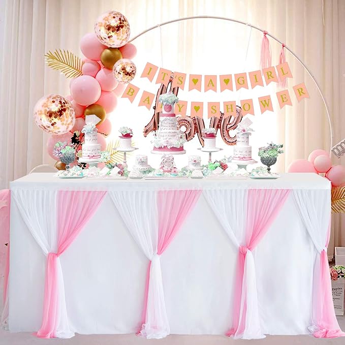 Suppromo 9ft Pink Tulle Table Skirts for Rectangle Tables or Round Tables Tutu Baby Shower Tablecloth Decorations for Girls Gender Reveal Elephant Birthday Party Decorations