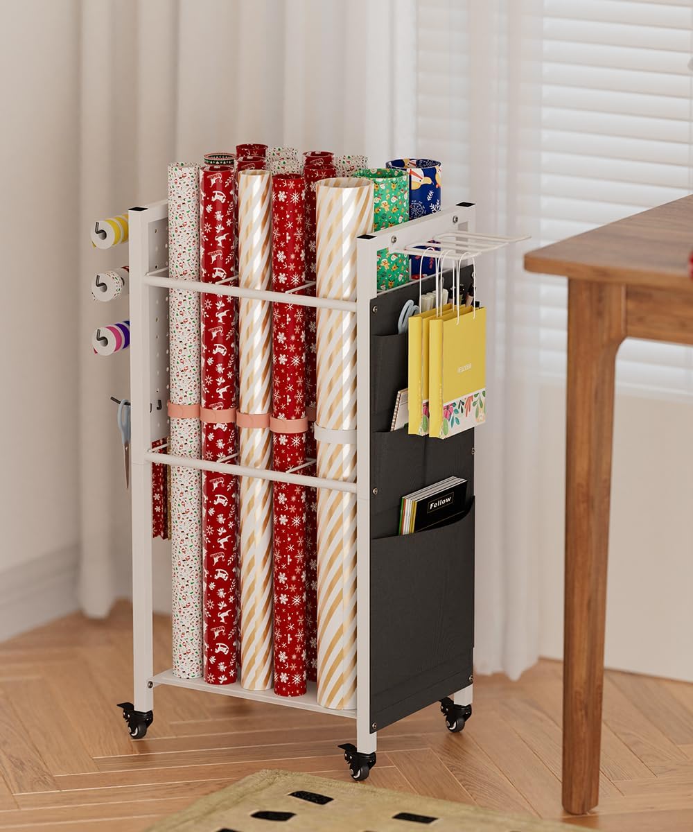 Wrapping Paper Storage Organizer with Wheels, Gift Wrap Storage Station with Ribbon and Gift Bag Storage, Rolling Craft Storage Cart with 12PCS Slap Bands, Christmas Decor, White