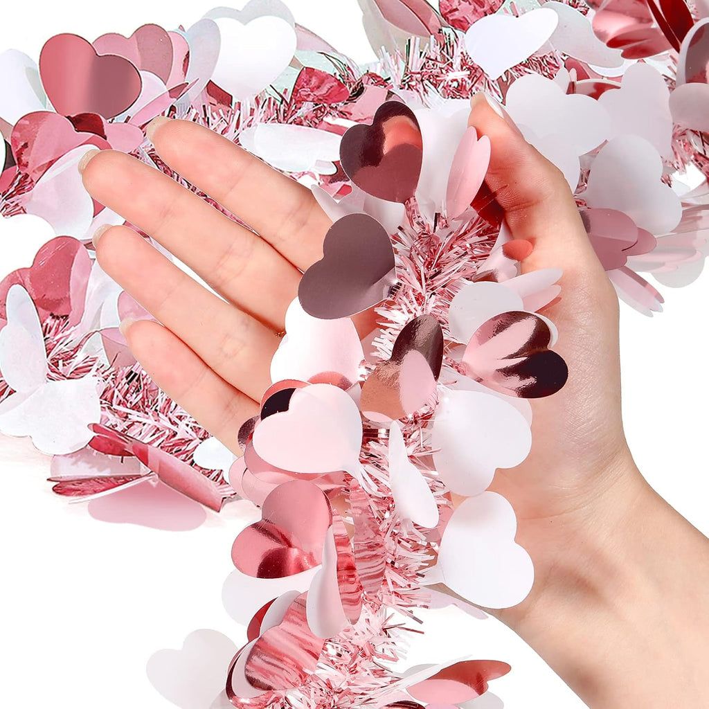 MTLEE 4 Pieces Valentine Tree Decorations Valentines Garland Shiny Heart Tinsel 6.56 Feet Each Metallic Tinsel Twist Garland for Mantle Tree Ornaments Wreath Wedding Party (Pink)