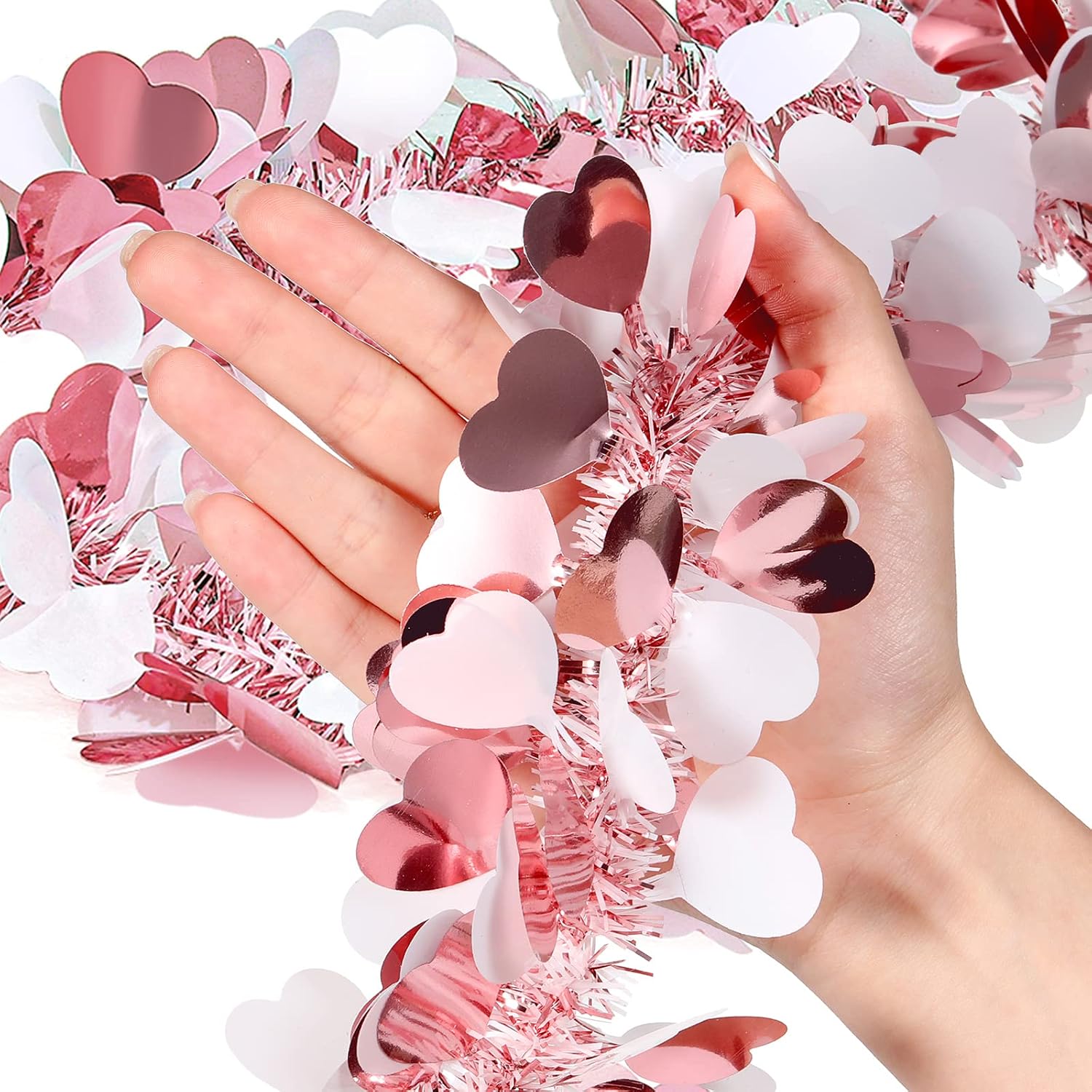 MTLEE 4 Pieces Valentine Tree Decorations Valentines Garland Shiny Heart Tinsel 6.56 Feet Each Metallic Tinsel Twist Garland for Mantle Tree Ornaments Wreath Wedding Party (Pink)