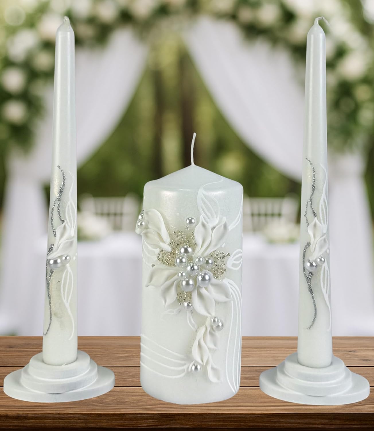Unity Candle Set - Wedding Ceremony & Reception – 6” Pillar & Two 10” Taper Candles – Long Burning Unity Candles for Marriage Ritual – Handmade in USA – Royal White