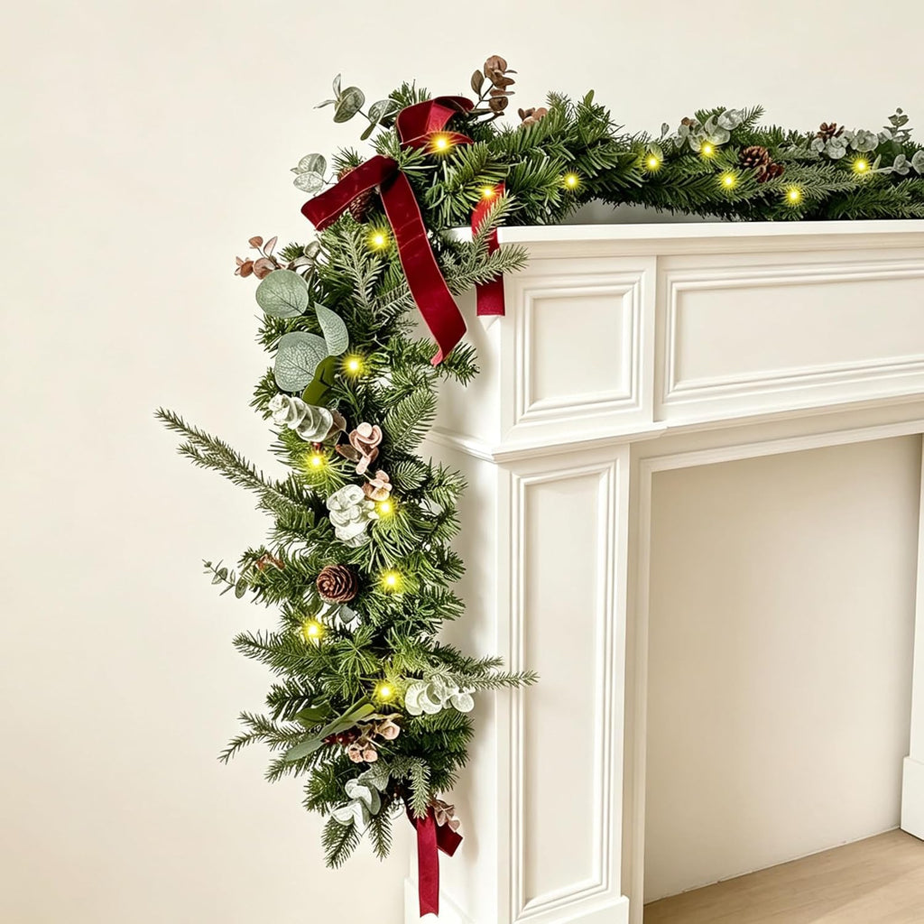 wanna-cul 6ft christmas garland with lights burgundy ribbon, main product view
