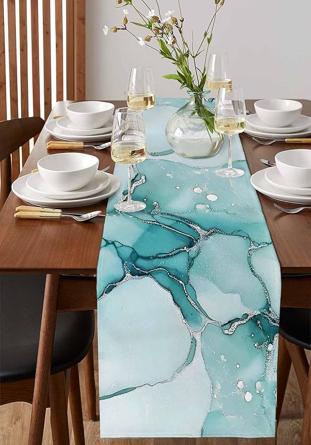 Turquoise Marble Cotton Linen Table Runner for Dining Kitchen, Wedding Outdoor Party Tablerunners Decoration, Nature Marble Crack Country Retro Dresser Scarf Coffee Tablecloth Runners 13x72 Inches