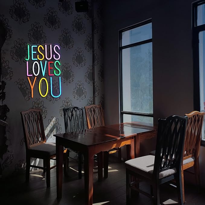 Jesus Loves You Neon sign Colorful Led Letters Sign Neon Light for Wall Decor Dimmable Jesus Light Up Sign for Home Christ Church Wedding Birthday Party Decor(USB Power)