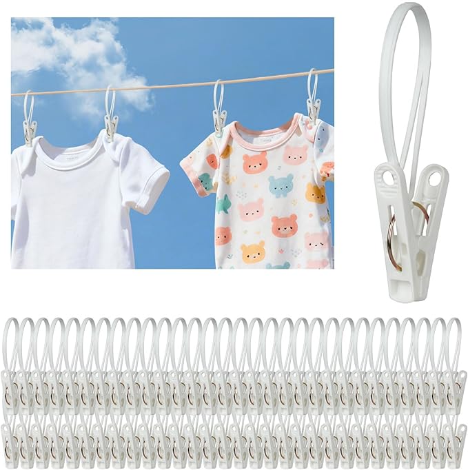 60 Pack Clothes Pins with Plastic Rope,Multi-Purpose Clips for Hanging,Windproof Plastic Clothespins for Hanging Baby Clothes,Socks,Hats, Pants, Bras, Underwears,Towels,Photos,White