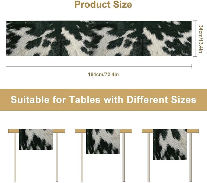 Cow Skin Print Table Runner, Rustic Country Farm Fur Skin Cowhide Pattern Western Style Black White Print Table Runner for Home Kitchen Dinning, 13x108 Inch