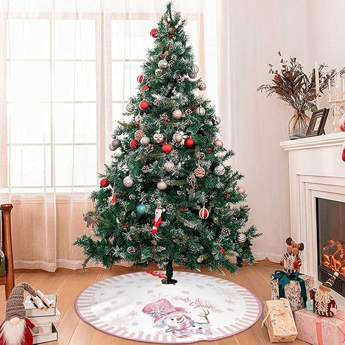 Let It Snow Snowman Christmas Tree Skirt 36 Inches, Pink Snowflake Tree Skirt, Winter Xmas Tree Mat for Home Party Holiday Indoor Outdoor Decorations (Pink, 36in)