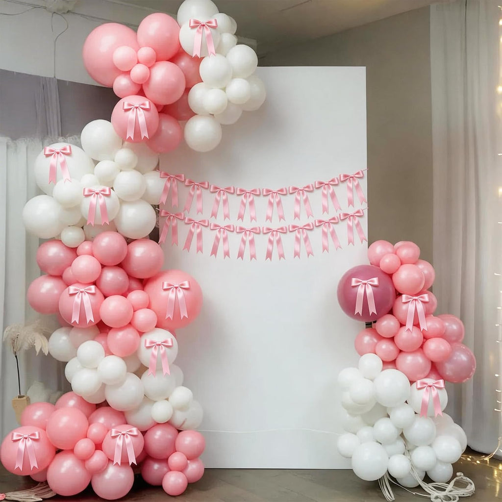 2 Strings Pink Bow Garland Banner Decorations, 16Pcs Pre-Strung Satin Ribbon with 6.7ft Chain for Girl Pink Ribbon Bow Banner Coquette Room Birthday Baby Bridal Shower Wedding Bachelorette Party Decor