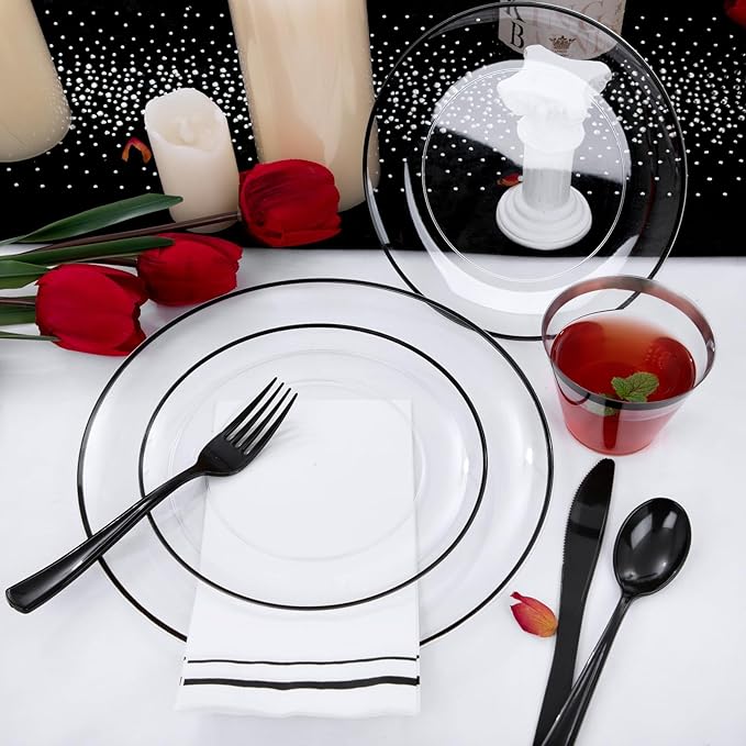 NOCCUR 350PCS Clear and Black Plastic Plates - Disposable Dinnerware Set for 50 Guests Include 100 Dinner/Dessert Plates,150 Black Cutlery,50 Cups&50 Napkins Ideal for Party, Birthday, Halloween