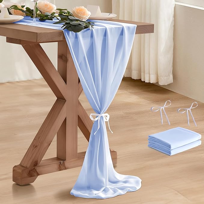 2 Pack 10 Ft Chiffon Table Runner Light Blue Gauze Long Table Runners 27x120 Inches Sheer Tulle Table Runner for Rustic Wedding Reception Bridal Shower Decorations Birthday Party