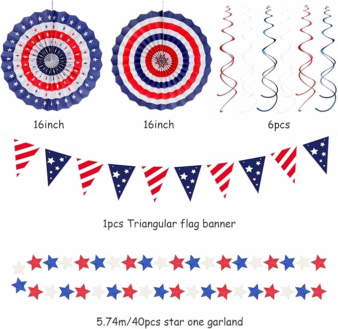 Red-White Blue Memorial-Day Patriotic Decorations - 21pcs 4th Fourth of July Paper Lanterns Fans,Tissue Pom Poms Streamers,Honeycomb Balls,USA Americana Independence Banner Decor Burgleda
