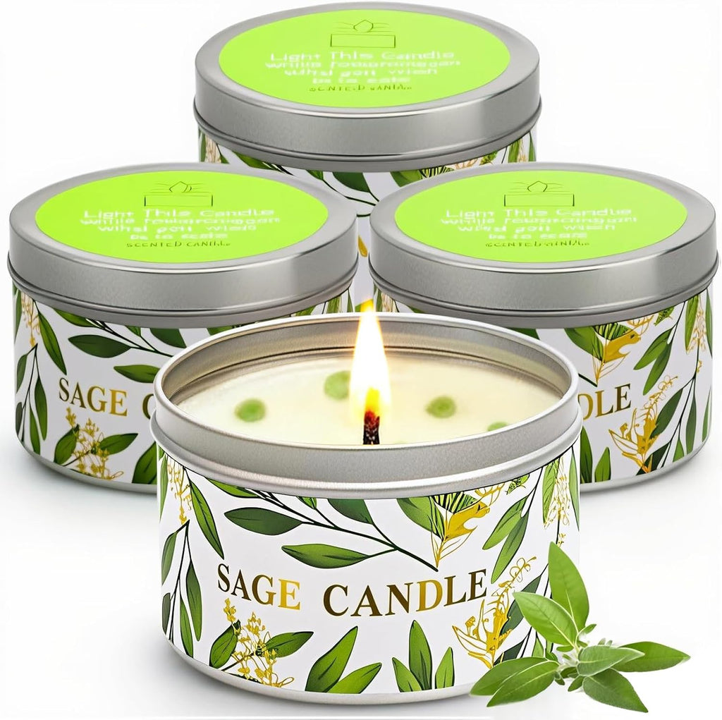 Sage Candles Gift Set, 4 Pack Natural Soy Wax White Sage Smudge Kit with Healing Crystals, House Cleansing & Negative Energy, Spiritual Meditation & Aromatherapy, Housewarming Birthday Self Care Gifts