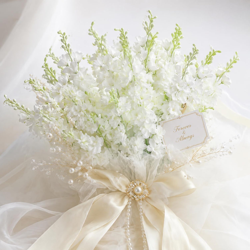 thiccywoov 50 pcs white delphinium artificial flower bulk on a desk or shelf