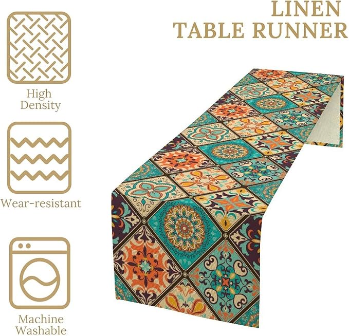 Bohemian Patchwork Table Runnerboho Colorful Tile Patchwork Indian Floral Print Table Runner for Home Kitchen Indoor Outdoor Party Wedding Decor, 13x90inch