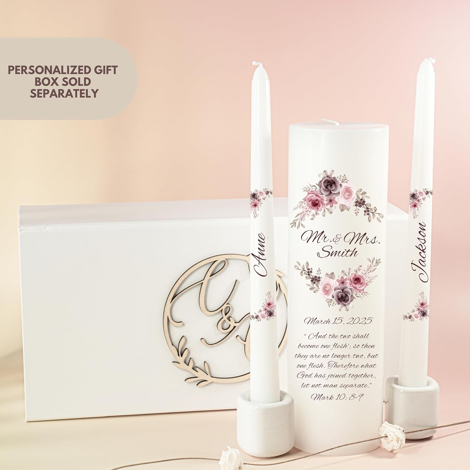 Unity Candles for Wedding, Mr and Mrs Modern Unity Set, Custom and Personalized Pillar and Taper Candles with Bible Quote, Unscented White Premium Wax, Religious and Wedding Ceremony, Special Events